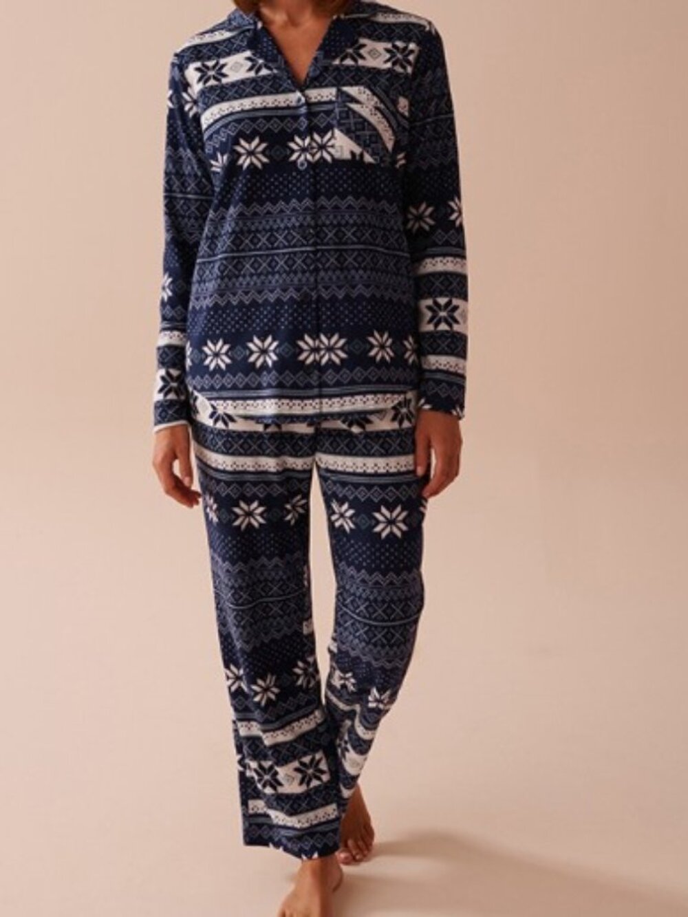La Vie en Rose Blue Fair Isle Winter Print Micropolar Pajama Set - Large